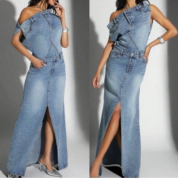 Western Medium Wash one shoulder Split Thigh Maxi Denim Dress - Picture 1 of 4